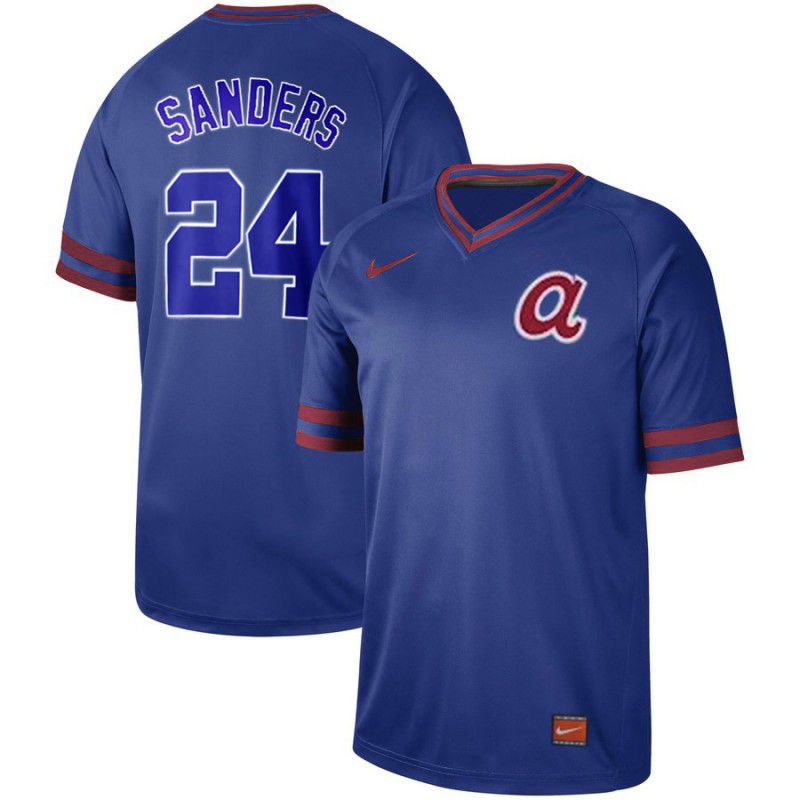 Men Atlanta Braves #24 Sanders Blue Nike Cooperstown Collection Legend V-Neck MLB Jersey